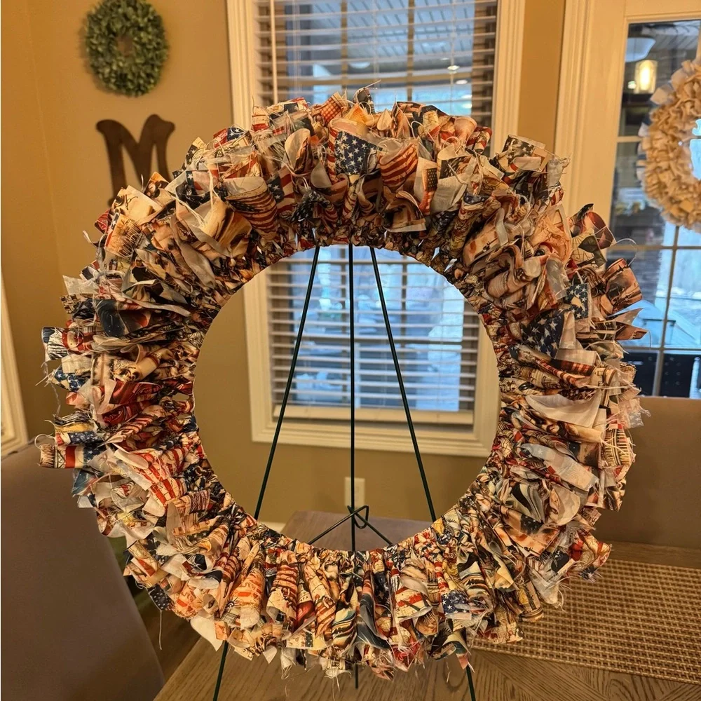 Hand Crafted Patriotic Fabric Wreath - Red, Blue, White